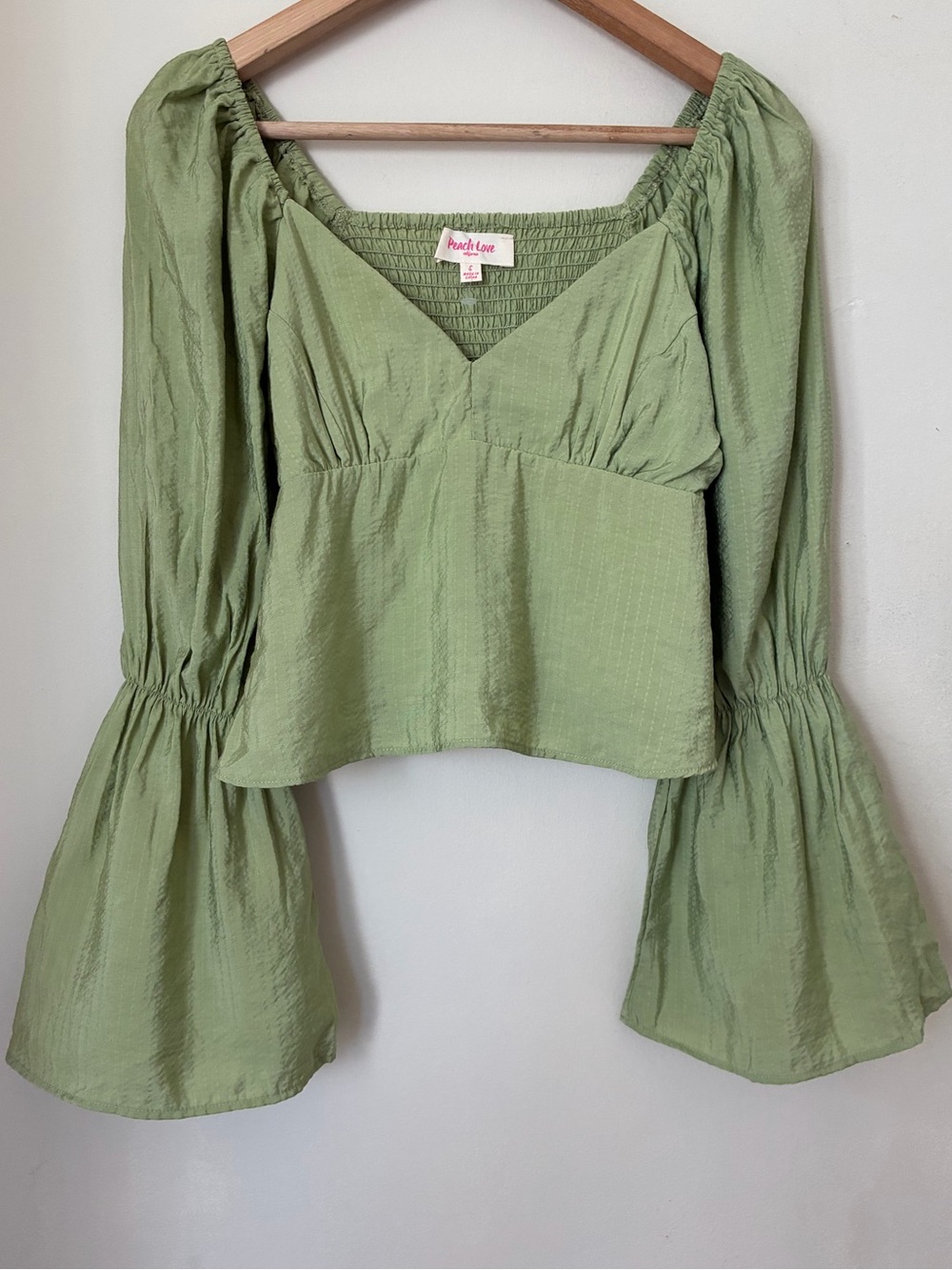 Peach Love Fairycore Sage Green Bell Sleeve Smocked Back Peplum Top Small